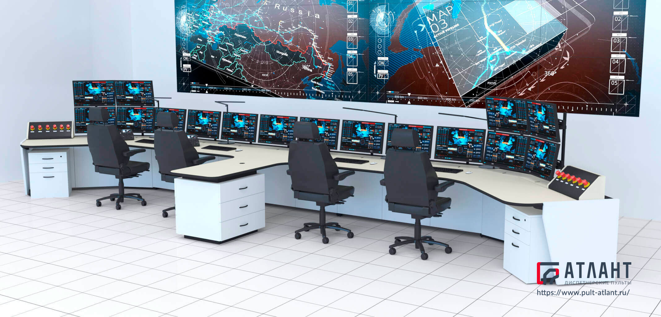 Стол диспетчера Атлант ТЕРРА на два рабочих места с разделительной тумбой и надстройкой-пультом останова для электроэнергетики