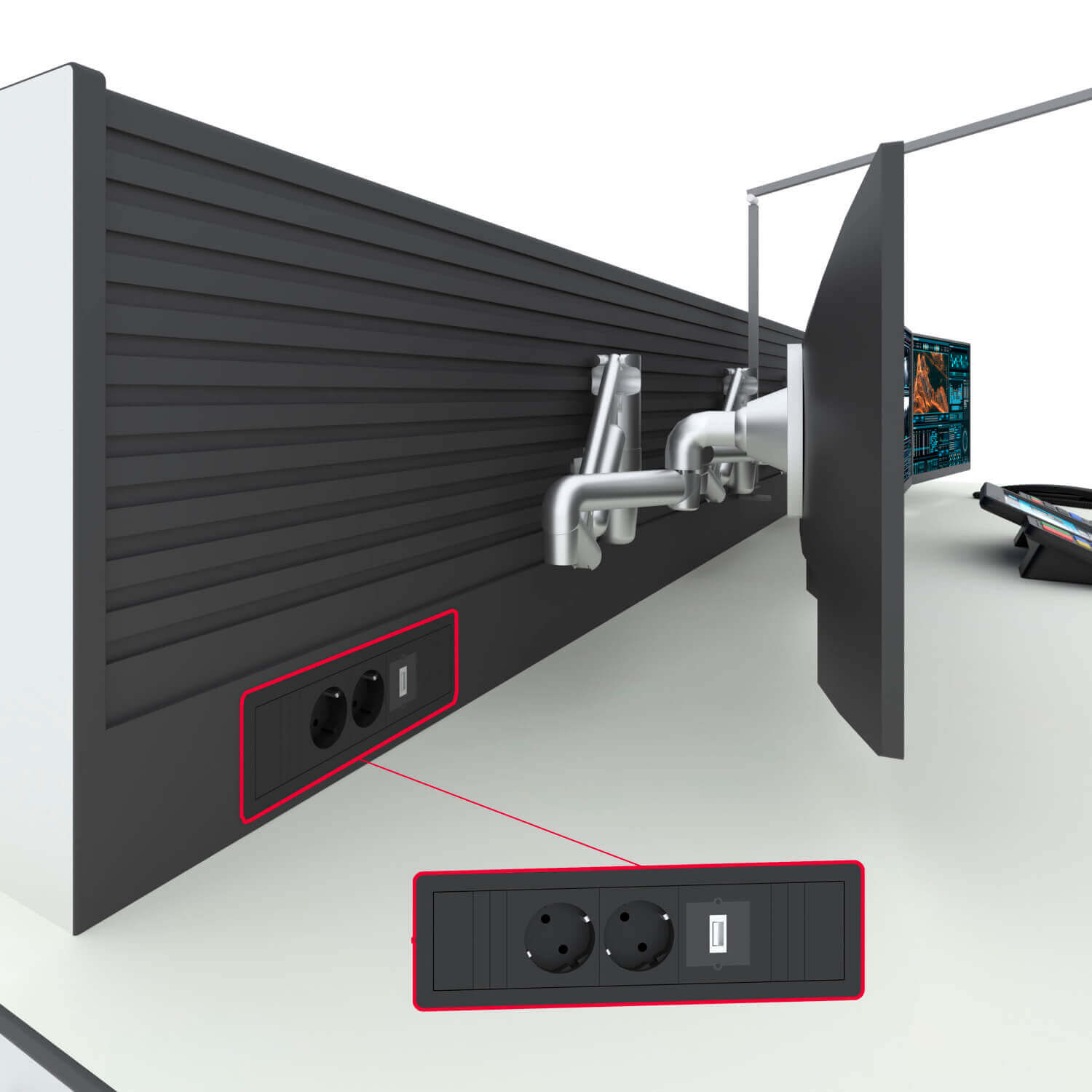 Технологическая мебель Атлант ФОРТ с крепежной панелью SlatWall и мониторами с аксессуарами